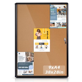 EVERSUPPLY Enclosed Bulletin Board Cork Board 38x28 in,Lockable Wall Display Case with Locking Door for Office School Home Commercial,Tamperproof and Shatter Resistant,Black Aluminum Frame (9xA4)