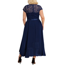 Miusol Women's Plus Size V Neck Elegant Floral Lace Ruffle Wedding Party Formal Maxi Dress Navy Blue