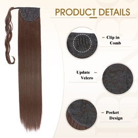 Benehair Ponytail Extension 32 Inches Long Wrap Around Ponytail Hair Extension Straight Synthetic Clip in Hairpiece for Women Brown