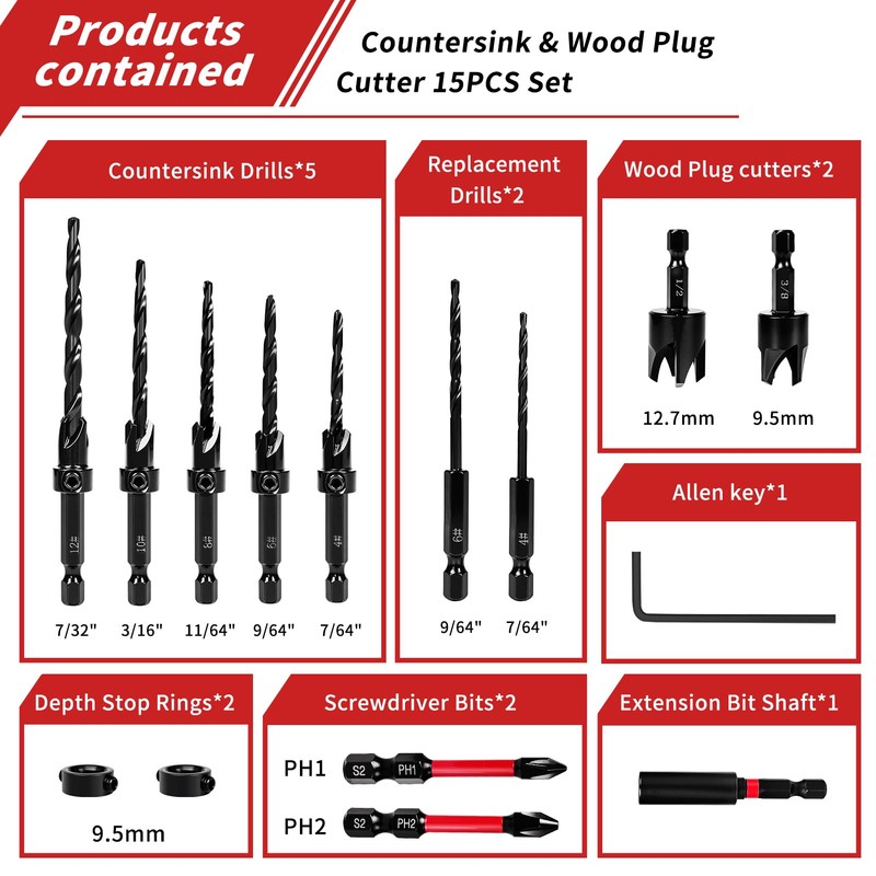 Countersink Drill Bits, 15 PCS Adjustable Tapered HSS Drill Bit