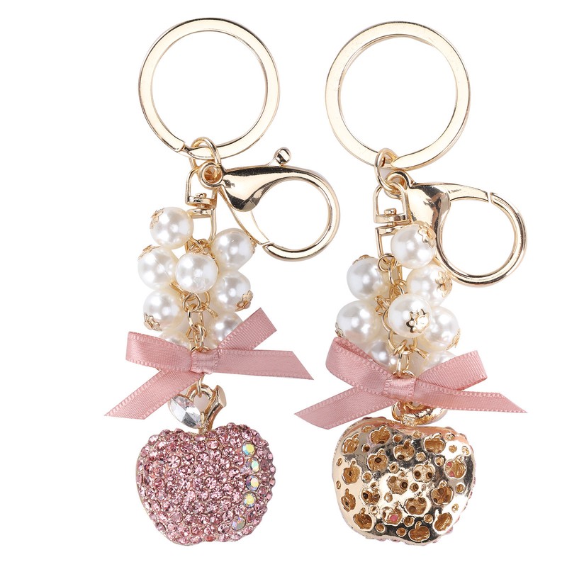 2Pcs Keychain Pendant Pearl DiamondStudded Fruit Shape Key Ring Girl