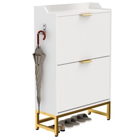 GAOMON Fluted Shoe Cabinet with 2 Flip Drawers - Slim Modern Shoes Rack with Sturdy Metal Legs, Freestanding Hidden Storage Organizer for Entryway, Hallway, Bedroom, or Apartment, White