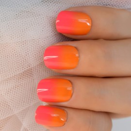 24PCS Orange Red Ombre Short Length Press On Nails for Women French Gradient False Nail Tips for Girls