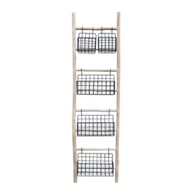 CreativeWise 8-Tier Blanket Ladder with 5 Removable Basket, Wooden Leaning Ladder Shelf, Wall Ladder for Living Room, Bedroom, Entryway, Bathroom, Natural Wood
