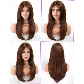 WOKESTAR Long Straight Wigs for Women with Curtain Fringe, Layered Synthetic Color Hair(Deep Chestnut Brown)