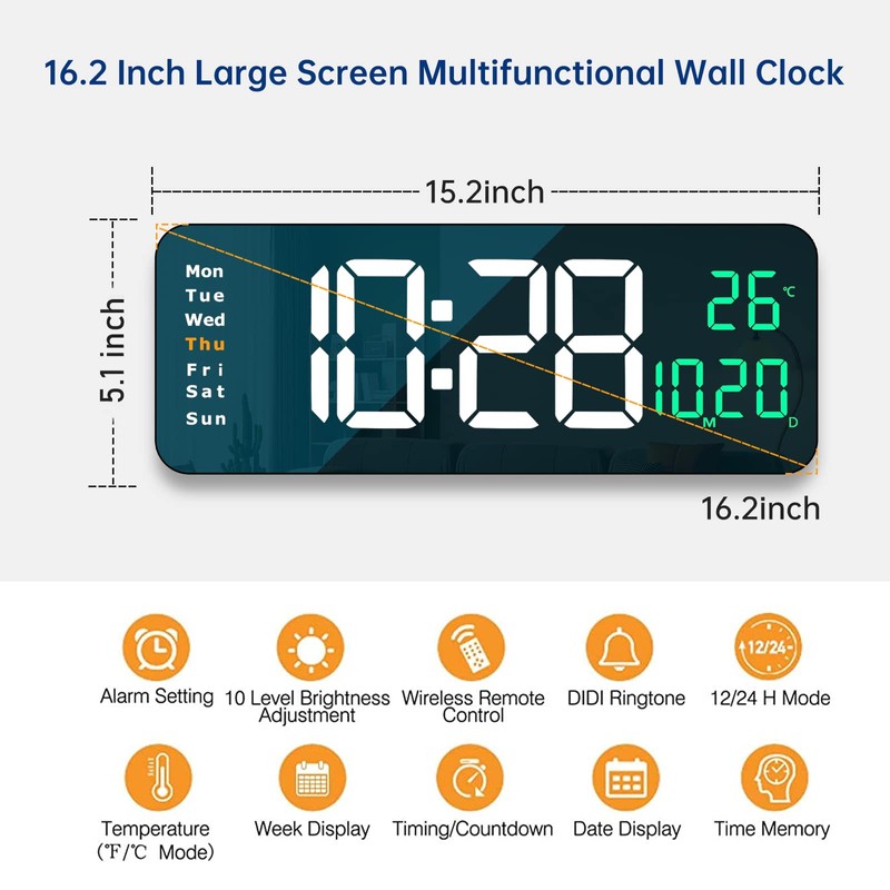 YISILE Digital Wall Clock Large Display, 16.2" Large Digital Wall