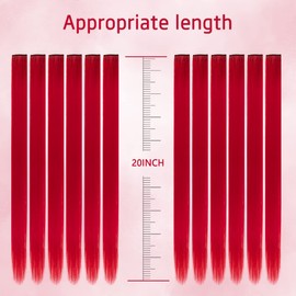 20 Inch Colored Hair Extensions Party Highlights Straight Colorful Clip In Hair Extensions Synthetic Rainbow Hairpieces for Girls Kids Gift(10Pcs Red)