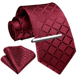 Enlision Tie Men Red Ties and Pocket Square Set Plaid Check Ties For Men With Tie Clip Business Formal Wedding Necktie Handkerchief Tie Pin Gift Sets,Red