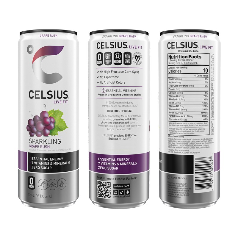 CELSIUS Sparkling Grape Rush, Sugar Free Energy Drink, 12 Fl
