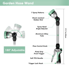 RESTMO Metal Watering Wand, Heavy Duty Garden Hose Wand with 180° Swivel Ratcheting Head, 16'' Hose Nozzle Sprayer with 7 Spray Patterns and Flow Control, for Water Hanging Baskets and Shrubs, Cyan