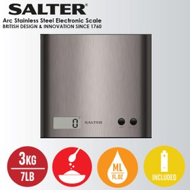 Salter Arc Digital Kitchen Scales - Electronic Food Weighing, Slim Stainless Steel Curved Design Cooking Scale Home Appliance, LCD Display, Add & Weigh, Easy to Clean, 15 Year Guarantee