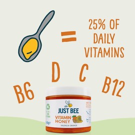 Just Bee Orange Vitamin Honey, Orange Flavoured Honey with Vitamins for Daily Immune Support including Vitamin D, C, B6, B12, Echinacea (260g jar)