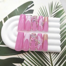 Square Press on Nails Long Fake Nails with Flower Rhinestones Golden Glitter Designs White French Glue on Nails Press ons Light Purple Full Cover Artificial Stick on Nails for Women 24Pcs