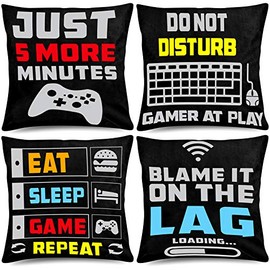 Whaline Video Game Throw Pillow 18 x 18 Inch Gamer Controller Pillow Cover Gaming Throw Cushion Cover 4 Pack Gamepad Logo Pillow Case Design for Home Office Car Sofa Couch Living Room