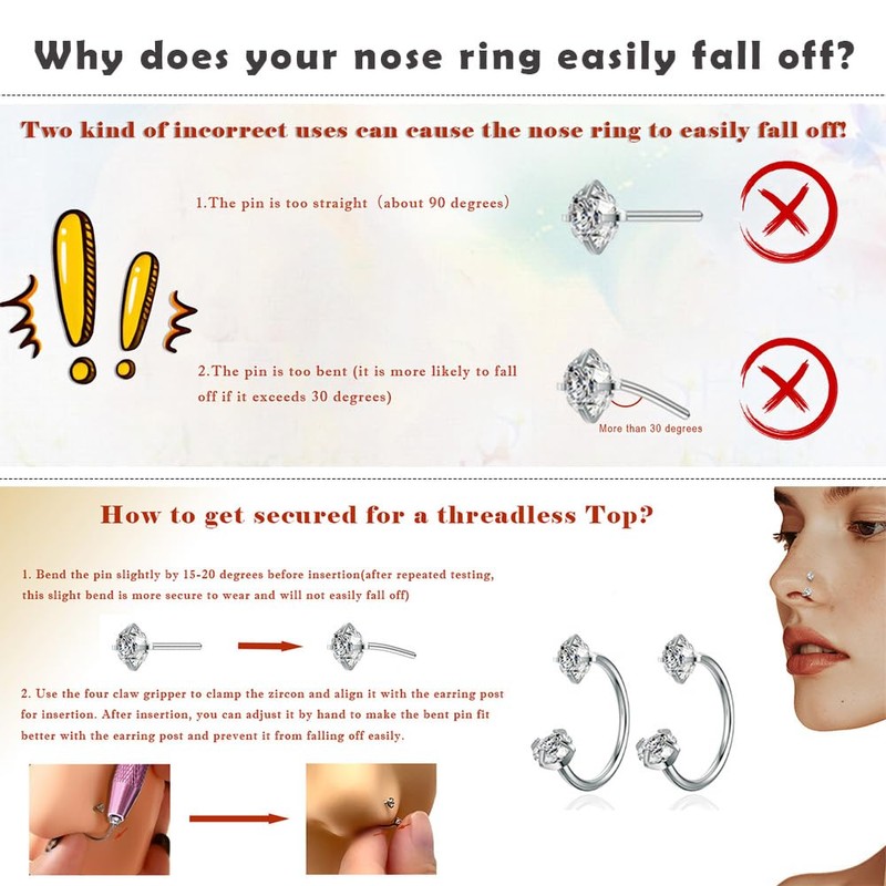 TOPBRIGHT 12PCS 316L Stainless Steel Horseshoe Nose Rings - 20G