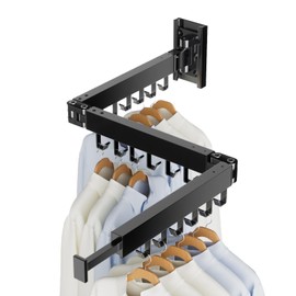 YUNISS Extendable Clothes Airer, Wall Mounted, Aluminium Clothes Rack, 3-Way Folded, Space-Saving Clothes Rail with 18 Hooks, Towel Holder for Balcony, Laundry, Bathroom, Patio, Dormitory, Black