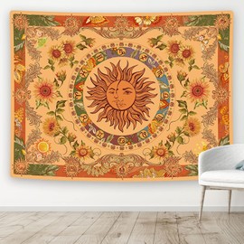 Miytal Yellow Sun and Moon Boho Tapestry Vintage Indie Tapestry Wall Hanging Aesthetic Sunflowers Butterfly Wall Tapestries for Bedroom Dorm Living Room - 51" × 59''
