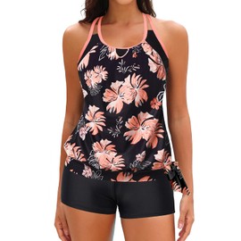 Daci Tankini Trajes de baño para mujer, 2 piezas, traje de baño con control de abdomen y pantalones cortos, traje de baño 2025, Anaranjado floral , XX-Large