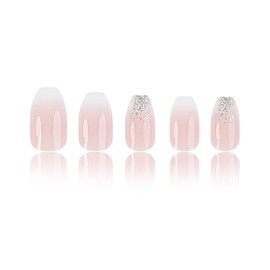 RUOKEXIN Coffin Press on Nails Medium Fake Nails Pink White Ombre False Nails with Glitter Designs Sparkly Artificial Nails Acrylic Glue on Nails Press ons Cute Stick on Nails for Women 24Pcs