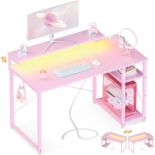MOTPK Pink Gaming Desk with Led Lights & Power Outlet,