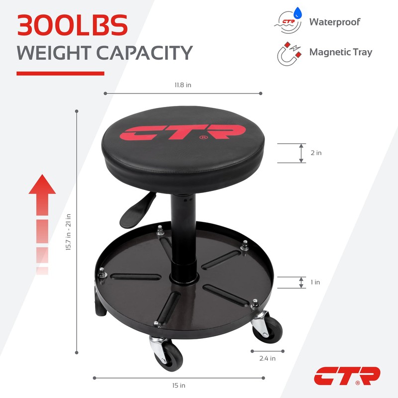 CTR Rolling Mechanic Shop Stool with Magnetic Tool Tray, Heavy