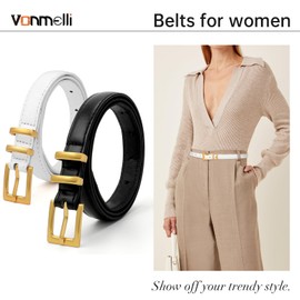 VONMELLI 2 Pack Leather Thin Belts for Women, Fashion Women's Skinny Belts Thin Ladies Belts for Jeans Dress Pants Black + White Fit Waist Size 37-42 Inches
