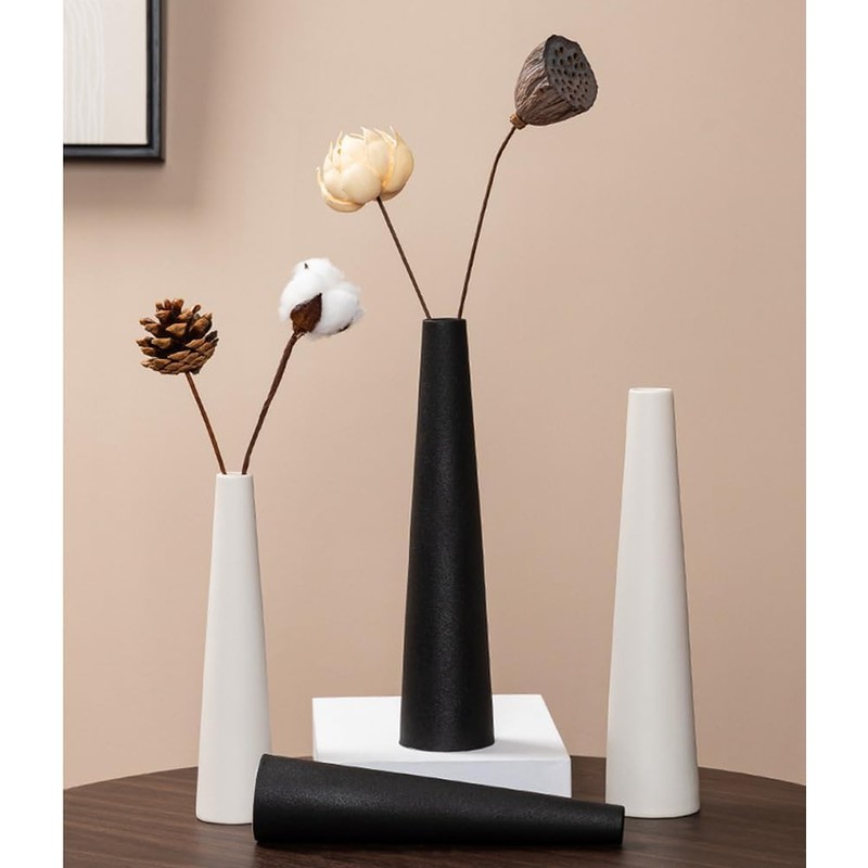 8.5 Inch Tall Conic Black Ceramic Flower Vase Small Bud