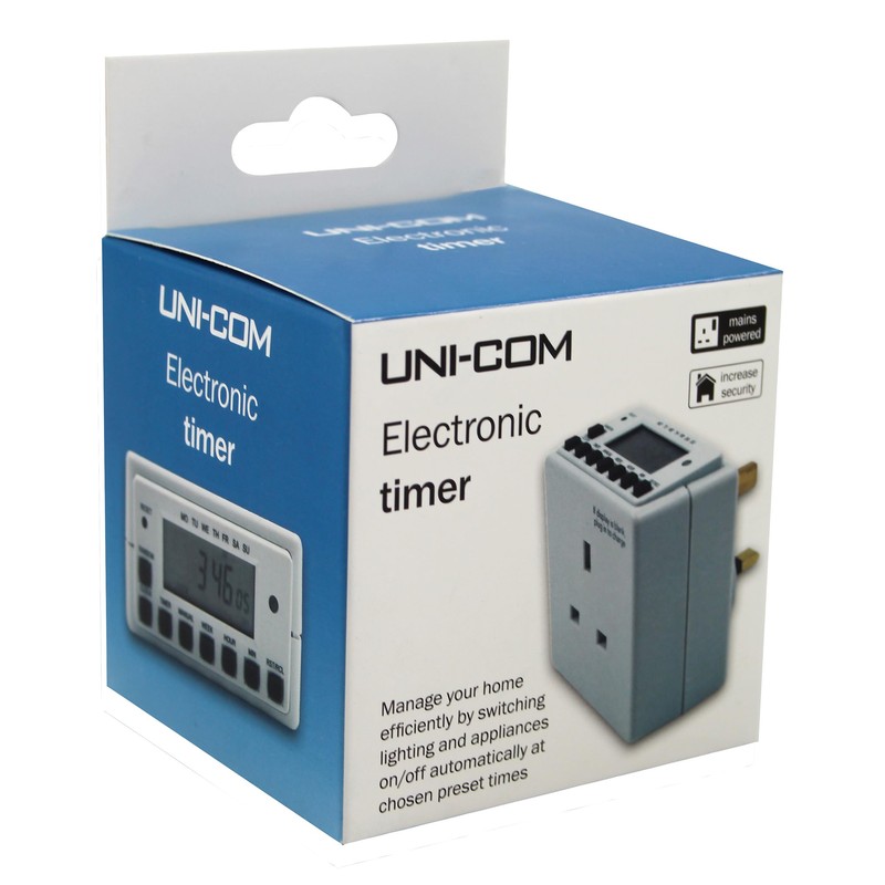 Uni-Com Electronic Plug-in Timer, LCD Display, Energy Saving, Home Security,