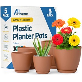 Terracotta Plant Pots with Drainage Holes & Saucers 5 Packs, Indoor & Outdoor Stackable Plastic Planters in Multiple Sizes for Houseplants & Flowers, Durable & Weatherproof Materials, Matte Finish