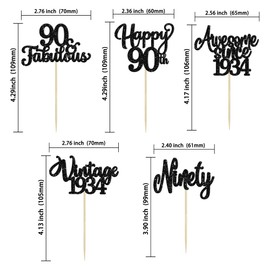 30 piezas de decoración para cupcakes de 90 cumpleaños con purpurina impresionante desde 1933 noventa 90 fabulosos palillos clásico de 1933 para cupcakes de 90 cumpleaños, aniversario, jubilación, fiesta, decoración de pasteles, suministros color negro