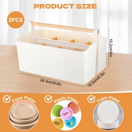 2Pcs Paper Plate Dispenser for 6-10 Inch, Divider Paper Plate Holder for Kitchen Counter, Space-Saving Paper Plate Storage Organizer with Wooden Handle, Utensil Holder for Cup/Spoon/Fork/Plate/Napkin
