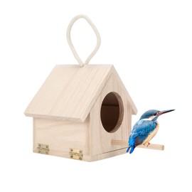 Tissting Outdoor Wooden Bird House, Winter Refuge Hanging Natural Wood Bird House with Roof, Country Houses for Small Birds, Outdoor Garden Craft Decoration