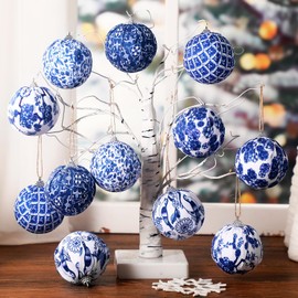 12 Pcs Christmas Blue and White Chinoiserie Ball Ornaments Christmas Tree Hanging Ornaments Chinoiserie Fabric Wrapped Christmas Decoration for Xmas Party (Retro Style,2 Inch)