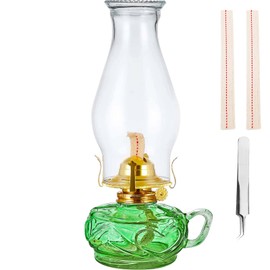 Rustic Oil Lamp for Indoor Use,Large Kerosene Lamp with Handle,2 Pcs Wicks and 1 Tweezers,Vintage Glass Hurricane Lamp for Home Emergency Lighting (Green)