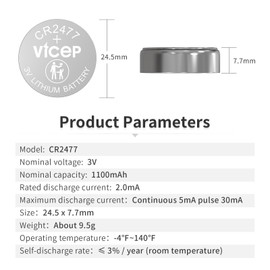 ViCep 5-Pack CR2477 3V Lithium Battery CR 2477 Batteries 1100mAh Compatible with Remote Control, Motion Sensor, Thermometer, Watches, Clocks & More, Individual Wrapped
