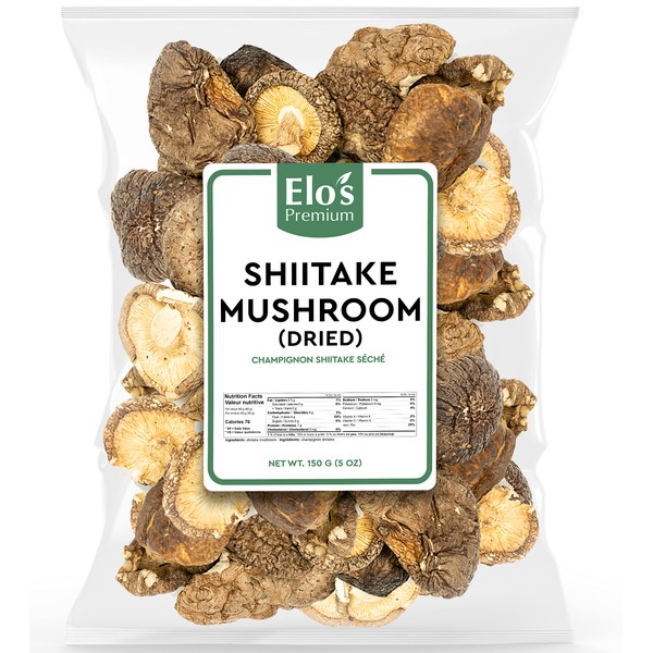 Dried Shiitake Mushroom (150g) Packed in Canada| Umami Fresh Flavour, Wild Harvested Mushroom| Vegan, No Additives, Top Grade Black Mushroom Vacuum Sealed| Rehydrate Quickly, Great Stir Fry, Soup, Salad and More| By Elo’s Premium