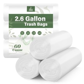 Jaoul Small Garbage Bags 2.6 Gallon, Unscented Small Bathroom Trash Bags, Tear & Leak Resistant Trash Can Liners, Mini Trash Bags, White, 60 Counts
