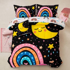 A Nice Night Bedding 6 Pcs Cartoon Rainbow Bedding Set with Smile Moon Printed for Boys Girls Bed Comforter Sets (Black, Twin)