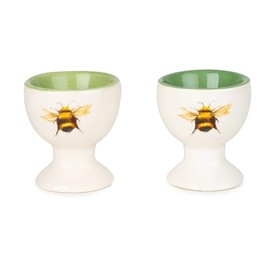Home Deco London Ceramic Bee Egg Cups, Set of 2, White and Green