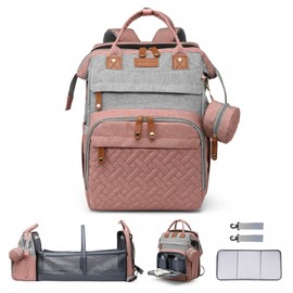 ANWTOTU Diaper Bag Backpack Baby Diaper Bag Multifunctional Waterproof Diaper Bag with Changing Station Travel Backpack with Changing Pad, Baby Baby Pacifier Case & Stroller Straps(PinkGrey)
