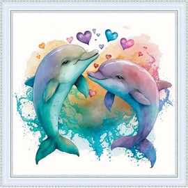IUHUI 11 Count Stamped Cross Stitch Kits for Beginners Adults,Love Dolphins Pre-Printed DIY 11ct Embroidery Sewing Starter Kit Needlework Easy Patterns