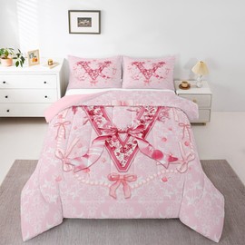 Erosebridal Coquette Bow Full Size Bedding Pink Groovy Floral Trendy Cute Bowknot Duvet Insert Initial Letter V Aesthetic Bow Gifts Girls Comforter for Girlfriend/Mom/Sister (V)