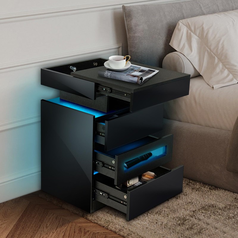 POVUD Night Stand with Gun Drawer, Modern Nightstand with Led