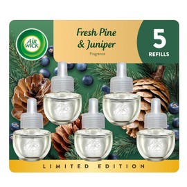 Air Wick Aceite perfumado enchufable, 5 recambios, pino fresco y enebro, aroma de otoño, (5 x 0.67 onzas líquidas), aceites esenciales, ambientador, embalaje puede variar