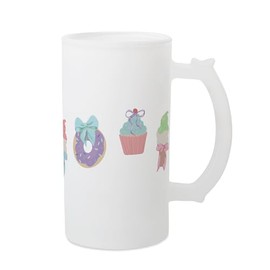 Elanze Designs Cute Freezable Beer Stein Mug With Thumb Grip Handle 16 Ounce Frosted Glass, Cupcake Donut Ice Cream Desserts With Coquette Bows