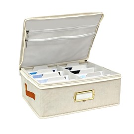 GINUMWA Photo Storage Box - Decorative Linen Organizer with Dividers & Labels Holds Up to 2000 4x6 Pictures Memory Container for Family Weddings Cards Scrapbooks with Side Handle (1PCS)