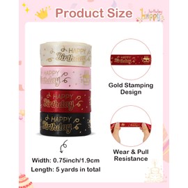 Pineraap 4 Rolls 20 Yards Happy Birthday Ribbon, 0.75 Inch Birthday Ribbon for Flower Bouquet, Gift Wrapping, Birthday Party Decoration