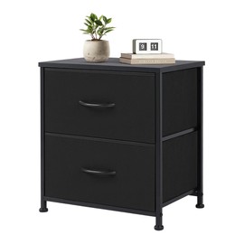 Hexago Black Nightstand Small 2 Fabric Drawer Dresser End Table with Metal Frame and Wood Top Night Stand for Bedroom, Closet, Dorm and Entryway