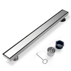 Drenaje de ducha lineal desplazado, drenaje de ducha de 48 pulgadas con cubierta de inserción de azulejos 2 en 1, drenaje de piso de ducha de salida lateral de acero inoxidable AISI 304 cepillado con recogedor de pelo y pies ajustables