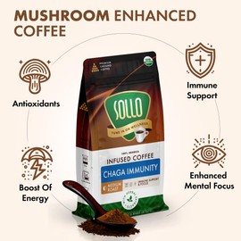 Sollo Chaga Mushroom Organic Ground Coffee - Infused Blend, Medium Roast, Enhance Focus, Immunity, Memory, and Clarity, Bold & Smooth Taste, 100% Arabica Specialty Grounds, 12 oz